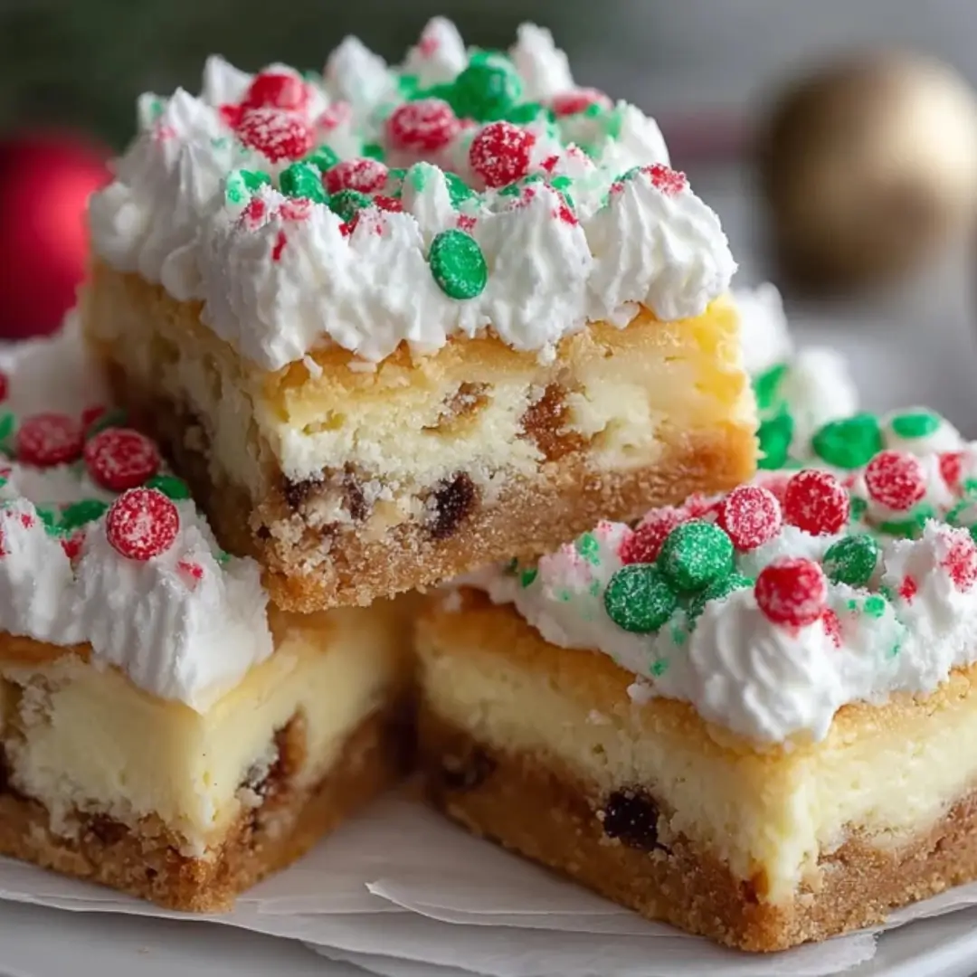 Three stacked square cheesecake bars with a golden crust, creamy filling containing chocolate chips, and topped with thick white frosting and festive red and green sprinkles.