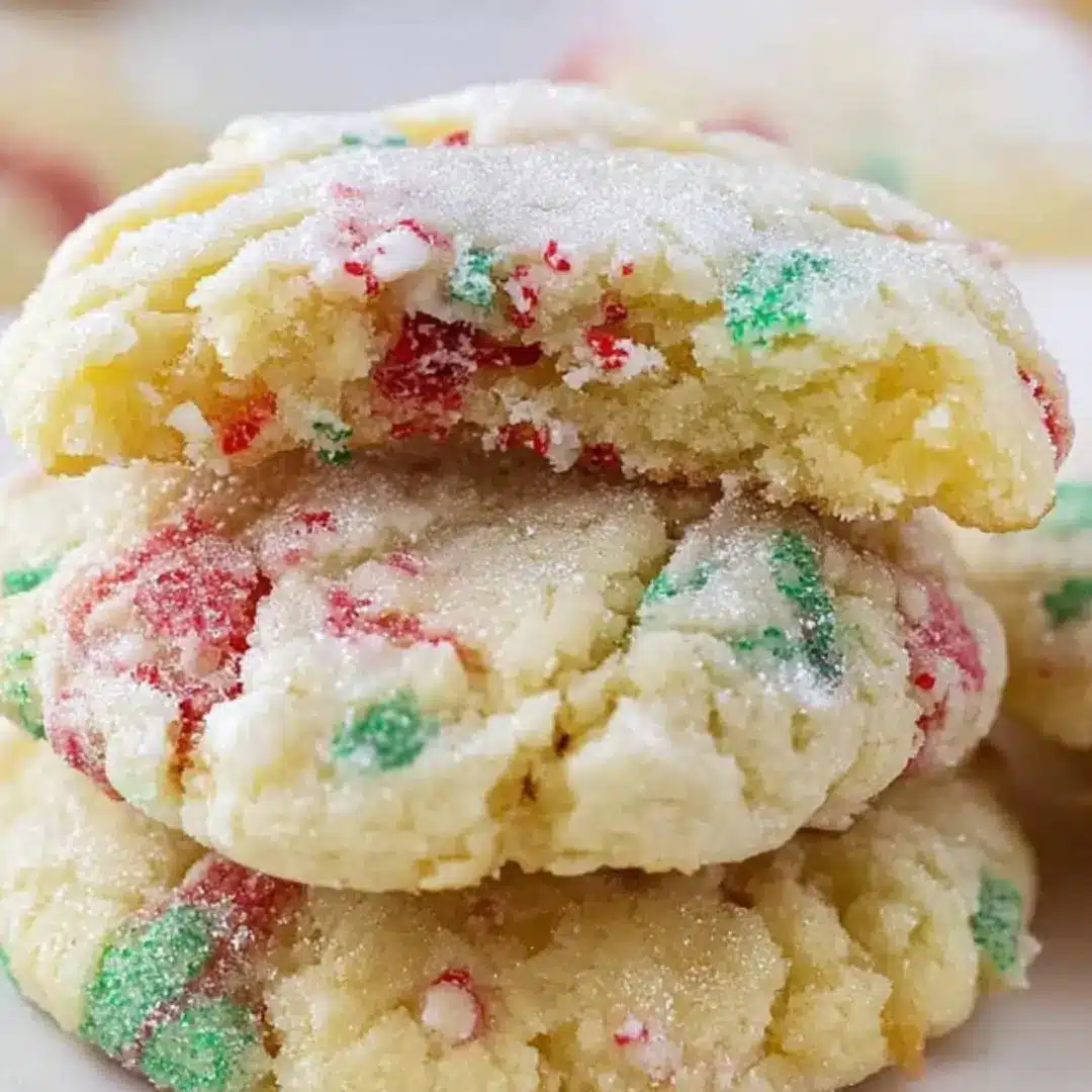 A stack of three soft, crackled Christmas Ooey Gooey Butter Cookies coated in powdered sugar with festive red and green sprinkles.