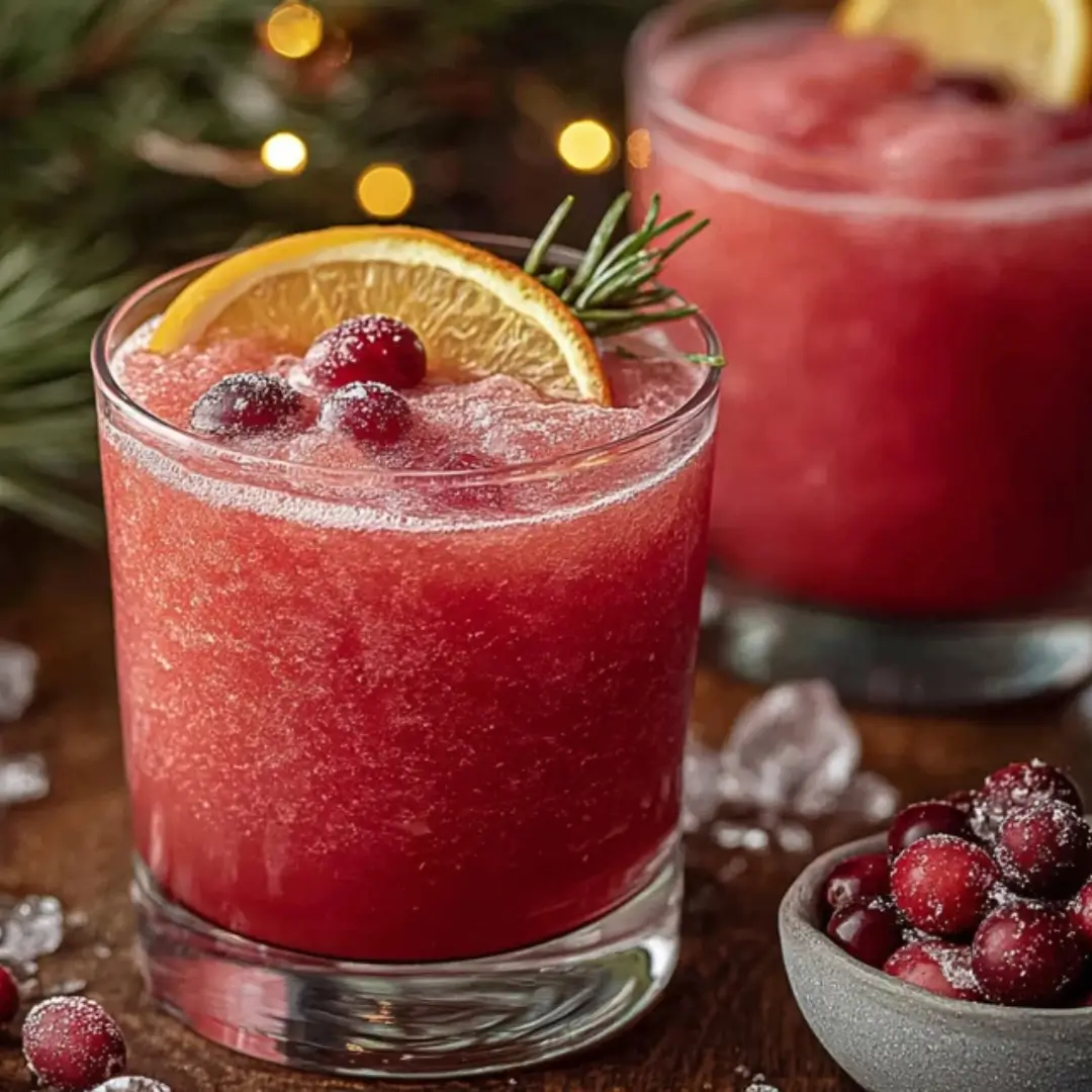 A vibrant red Christmas Slush Mocktail topped with a fresh orange slice and cranberries in a glass.