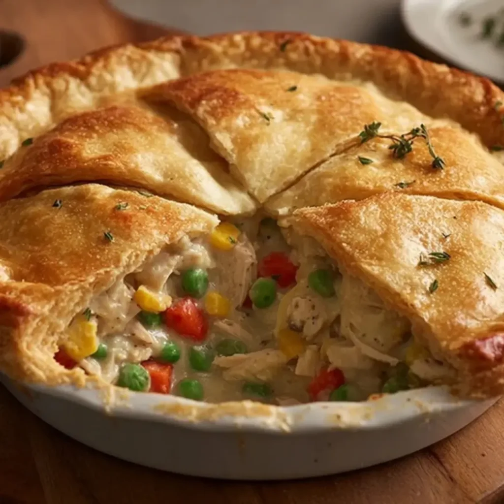 A freshly baked Classic Turkey Pot Pie in a white ceramic dish, showing a golden, flaky crust cut into slices, revealing the creamy filling of shredded turkey, bright carrots, peas, and corn.