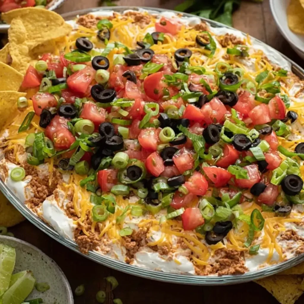 A vibrant, layered Cottage Cheese Taco Dip in a glass dish topped with shredded cheese, diced tomatoes, black olives, green onions, and seasoned meat, served with yellow tortilla chips