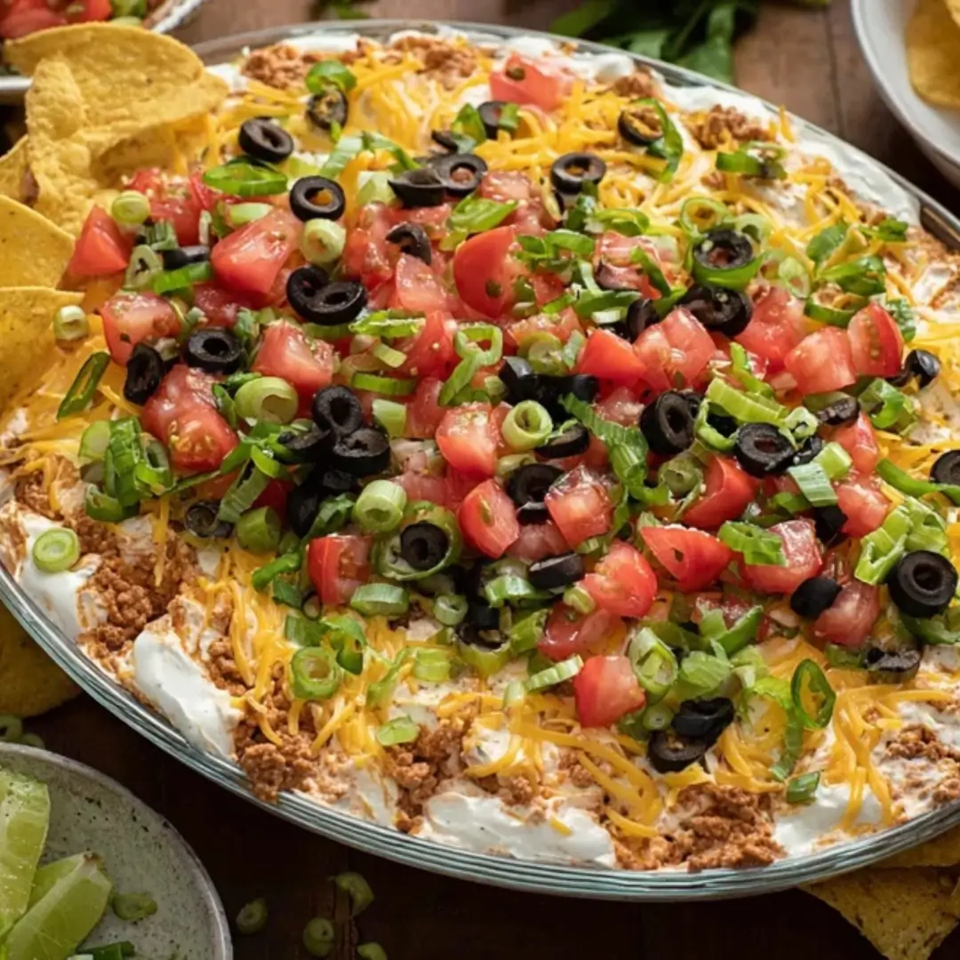 A vibrant, layered Cottage Cheese Taco Dip in a glass dish topped with shredded cheese, diced tomatoes, black olives, green onions, and seasoned meat, served with yellow tortilla chips