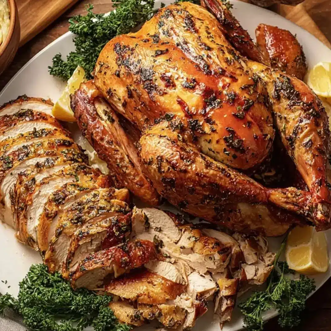 A golden-brown roasted Cowboy Butter Turkey on a white platter, partially sliced to show juicy white meat, garnished with fresh parsley and lemon wedges.