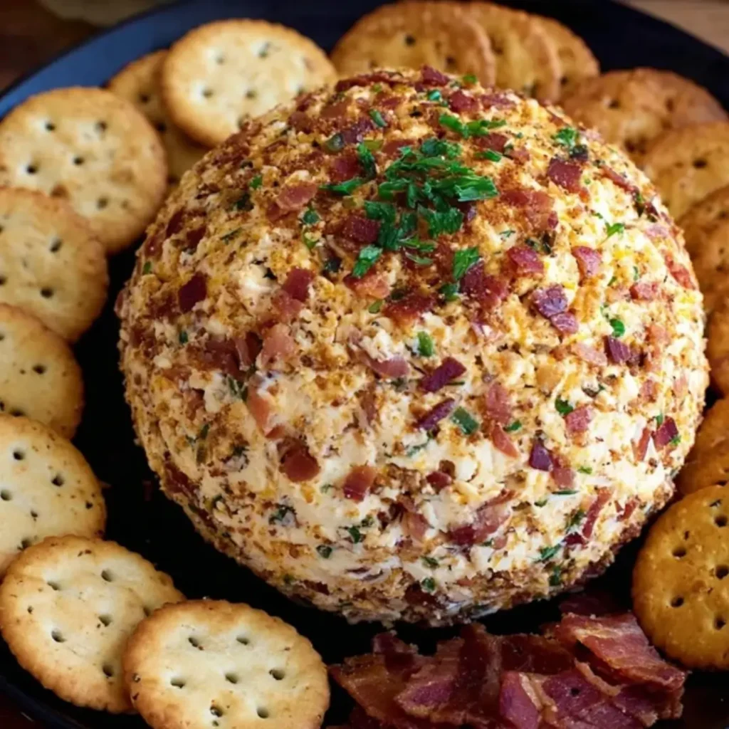 Cowboy Cream Cheese Ball coated in chopped pecans and crispy bacon bits, surrounded by crackers on a black plate.
