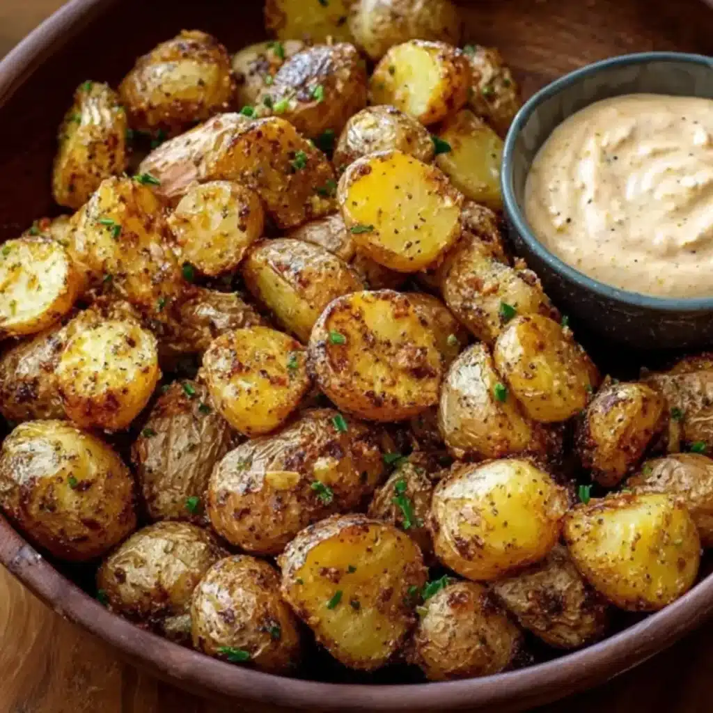 Crispy golden-brown roasted baby potatoes coated in a seasoned mayo crust, garnished with fresh herbs in a wooden bowl.