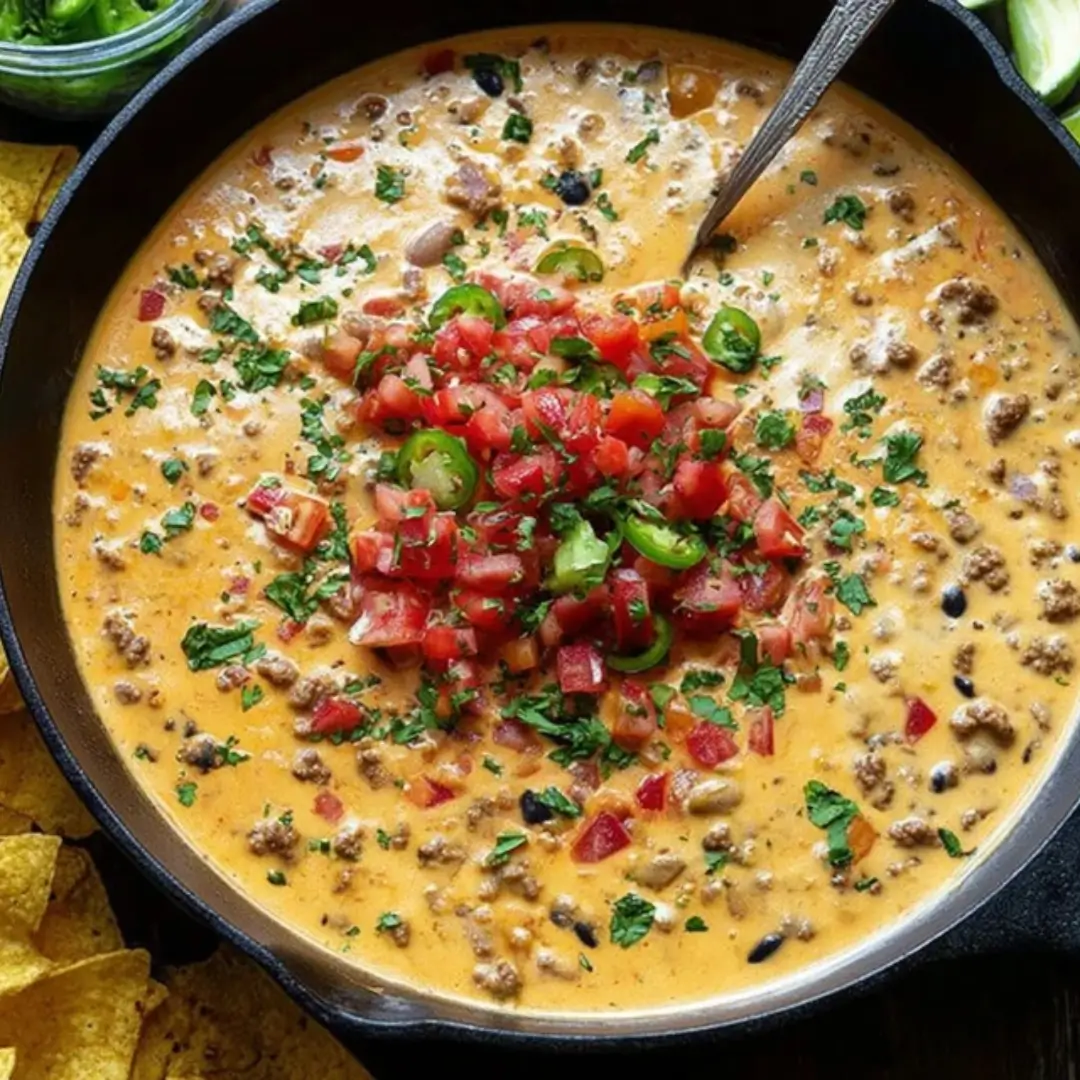 A close-up shot of creamy, golden Cowboy Queso dip in a black cast iron skillet, filled with ground meat, black beans, corn, and topped with a fresh garnish of diced tomatoes, sliced jalapeños, and cilantro.