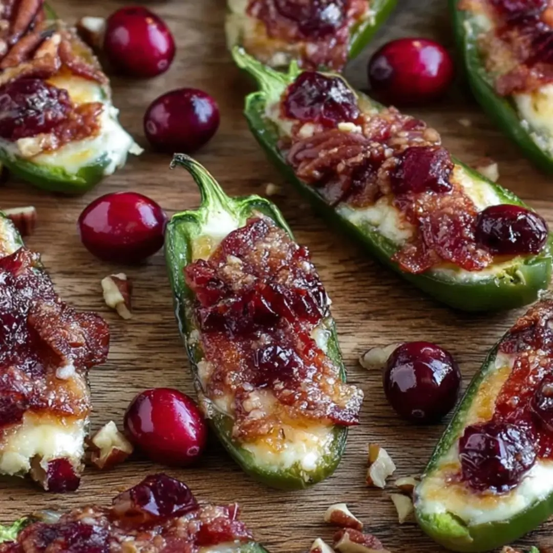 Close-up of baked jalapeño poppers filled with melted Brie and cream cheese, topped with sweet cranberry sauce and crunchy pecans, arranged on a wooden board with fresh cranberries and pecan pieces scattered around.