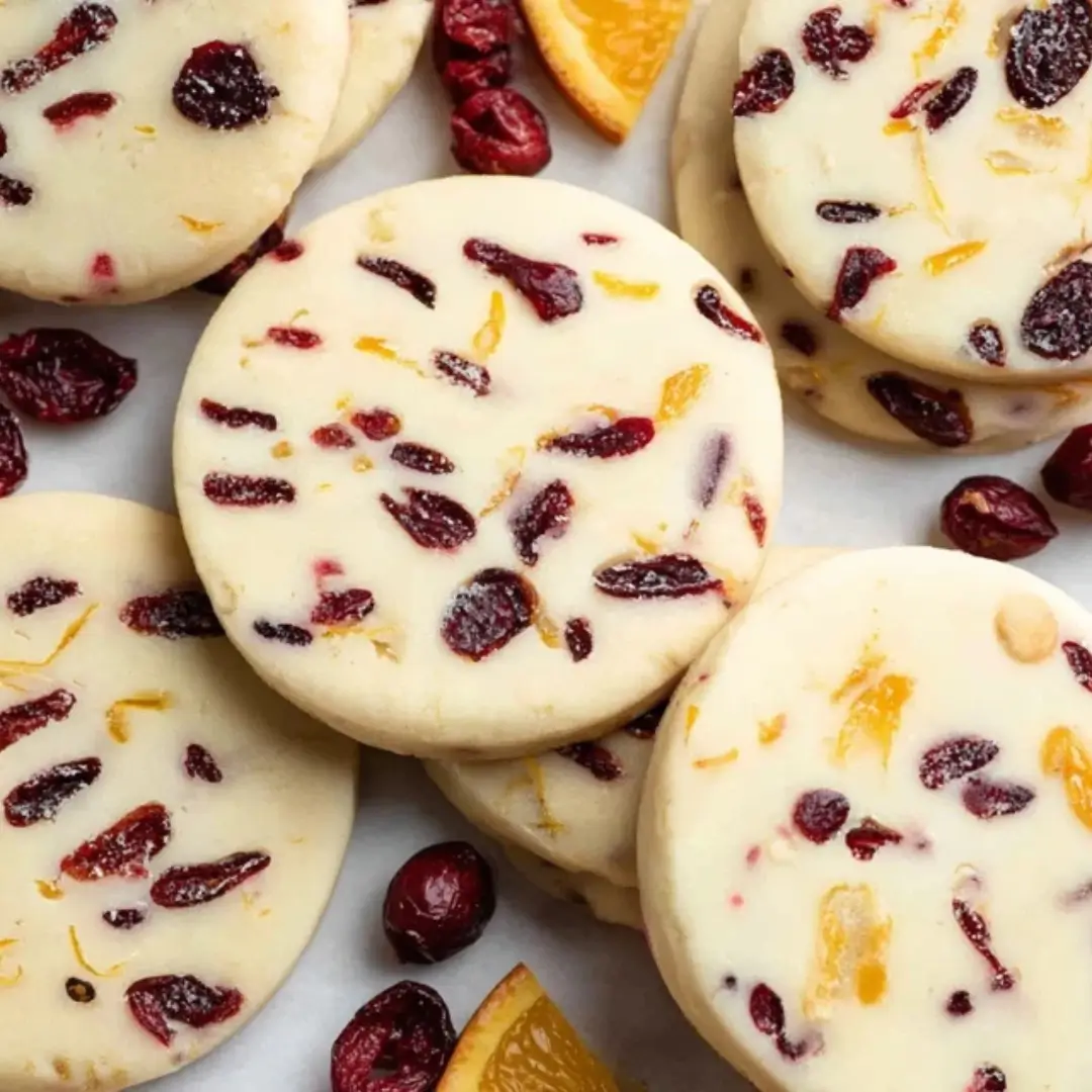 Top-down view of round, buttery Cranberry Orange Shortbread cookies flecked with red dried cranberries and orange zest on a white surface.