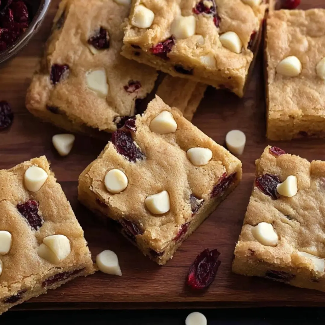 Close-up of sliced Cranberry White Chocolate Blondies on a wooden board, showing chewy texture, white chocolate chips, and dried cranberries.