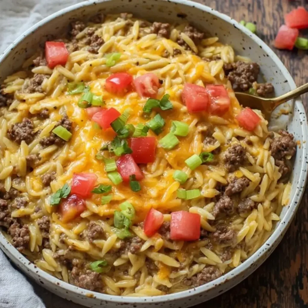 A close-up of a bowl filled with creamy orzo pasta mixed with seasoned ground beef, melted cheddar cheese, and topped with diced fresh tomatoes and chopped green onions.