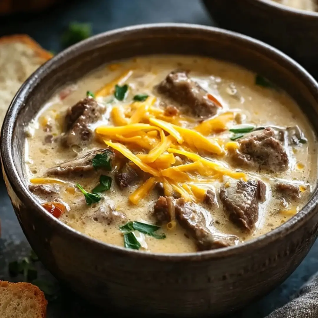 A close-up of a dark, rustic bowl filled with creamy Philly Cheese Steak Soup, garnished with shredded cheddar cheese and chopped fresh parsley.