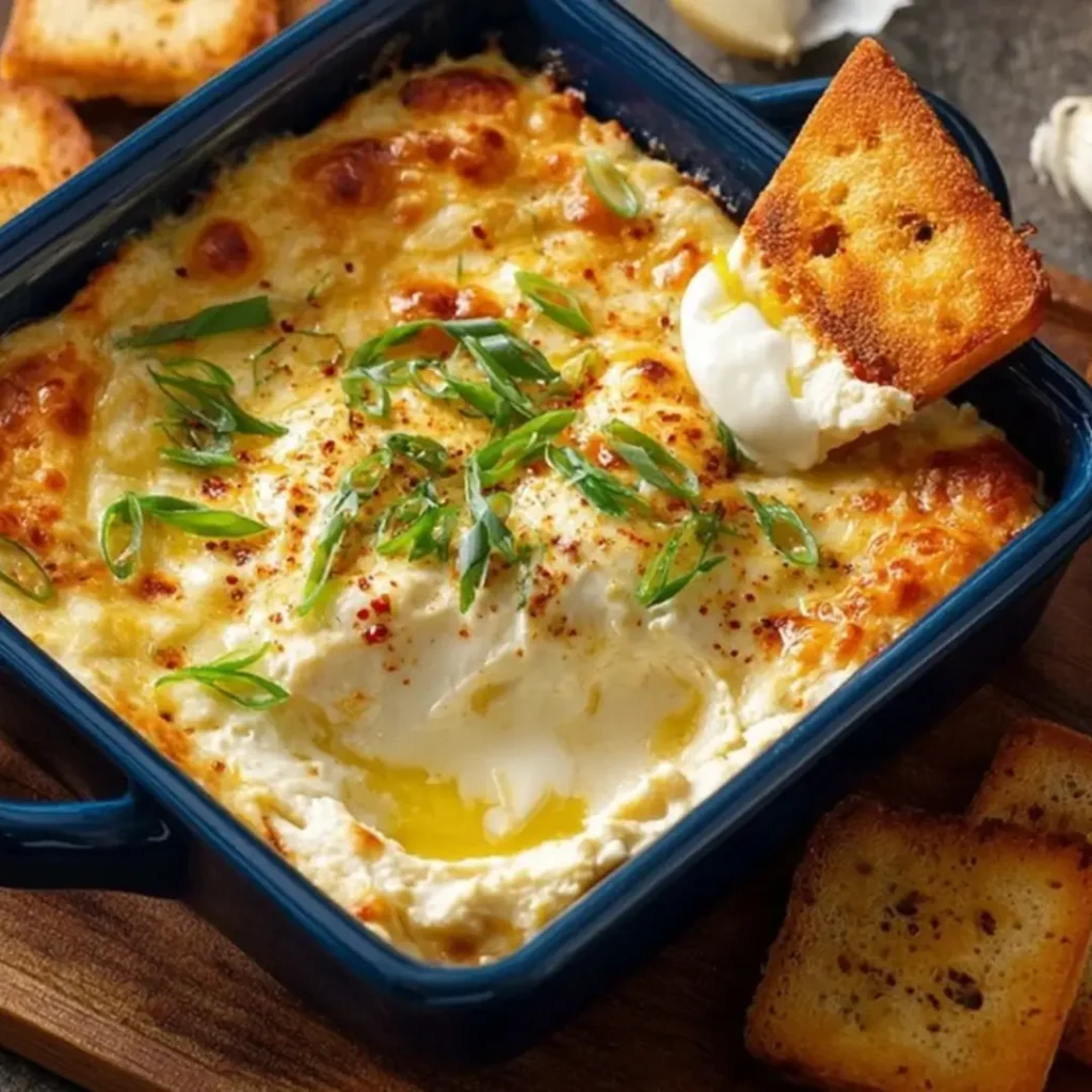 Baked creamy garlic and cheese dip, melted and bubbly in a blue square ceramic dish, garnished with sliced green onions and a sprinkle of paprika, served with toasted bread squares.