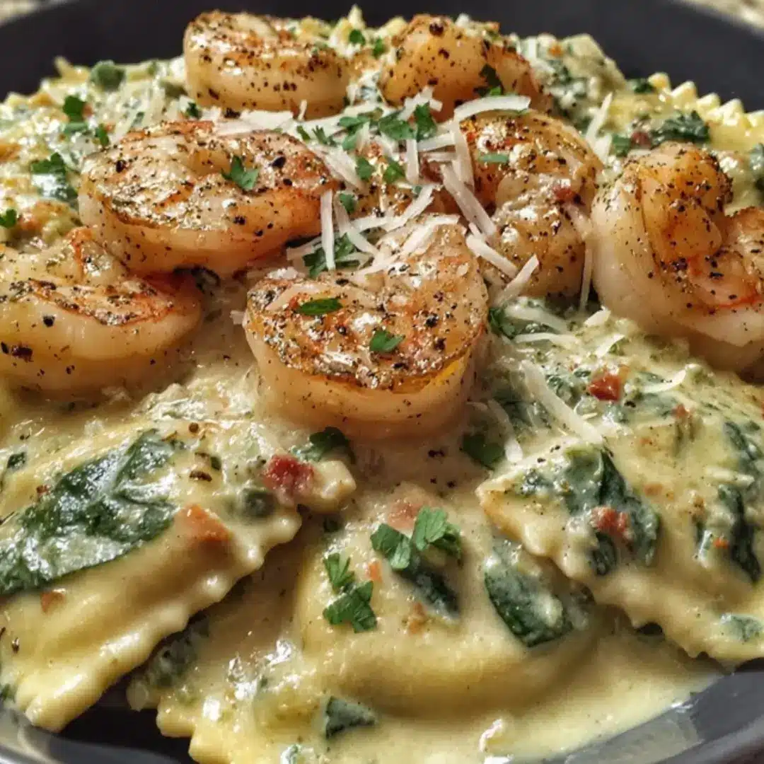 Creamy shrimp and Parmesan ravioli with spinach, topped with black pepper and fresh parsley.