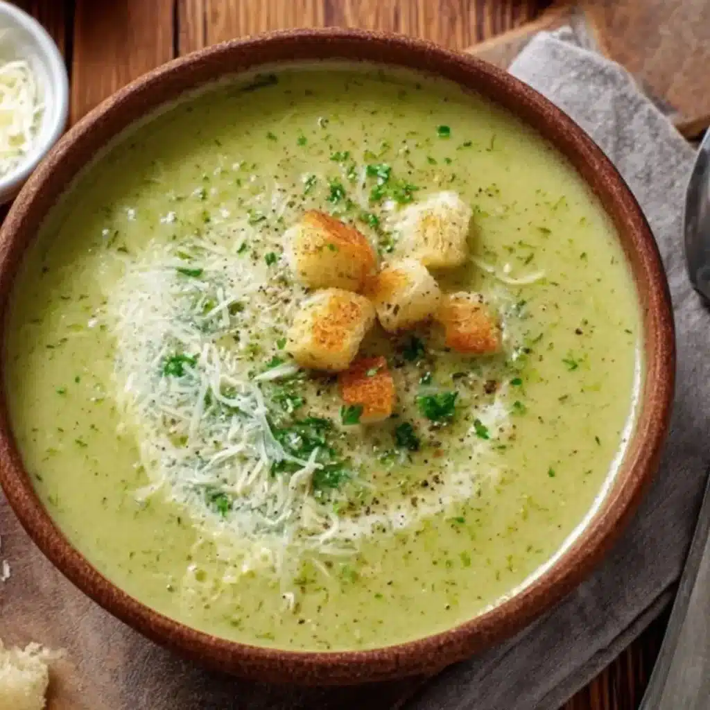 A wooden bowl filled with creamy, vibrant green zucchini soup, garnished with golden croutons, freshly shredded white cheese or cream, black pepper, and chopped fresh herbs.