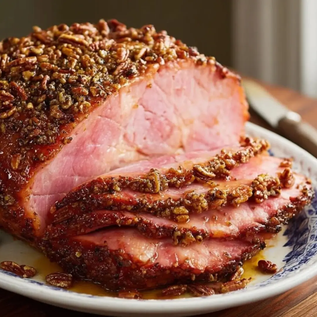 Sliced turkey ham with a thick, caramelized Creole pecan glaze, showing the crunchy texture and moist pink meat on a white and blue plate.