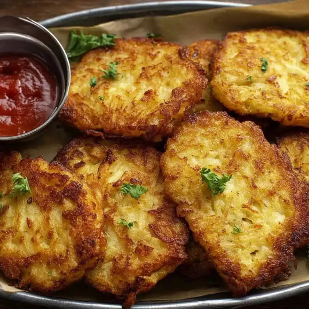 Crispy golden-brown hash brown patties garnished with parsley and served on a metal tray next to a small cup of ketchup.