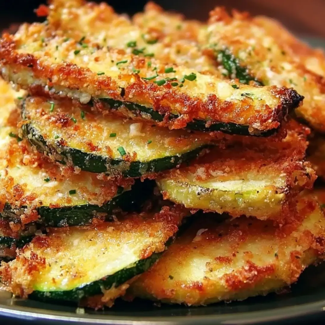 A stack of golden brown, crispy baked zucchini slices coated in panko and Parmesan, topped with fresh herbs.