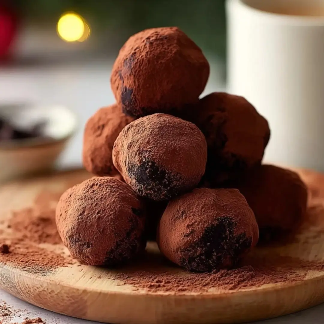 A stack of rich, round dark chocolate truffles dusted with cocoa powder sitting on a wooden serving board.