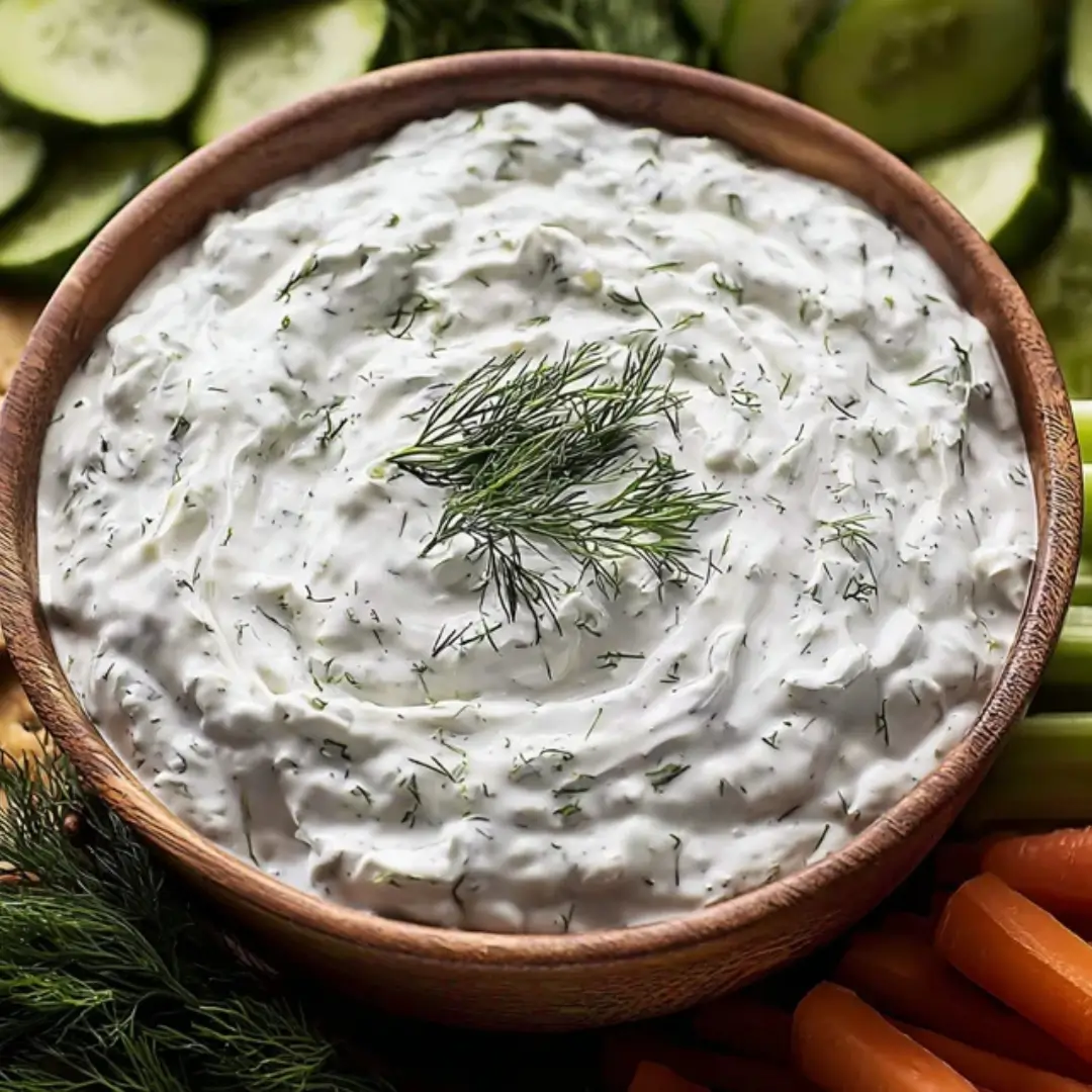 A wooden bowl filled with creamy white dill dip garnished with fresh herbs, served with carrots and cucumbers.