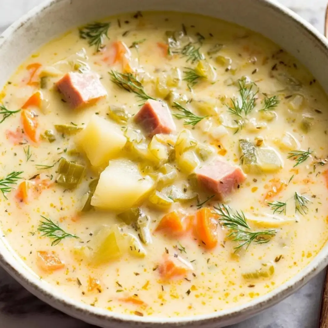Close-up of a bowl of creamy yellow Dill Pickle Soup with chunks of potato, chopped dill pickles, carrots, and diced ham, garnished heavily with fresh dill.