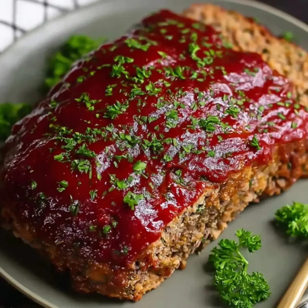 A thick slice of juicy air fryer meatloaf topped with a glossy red ketchup glaze and fresh green parsley on a grey plate.