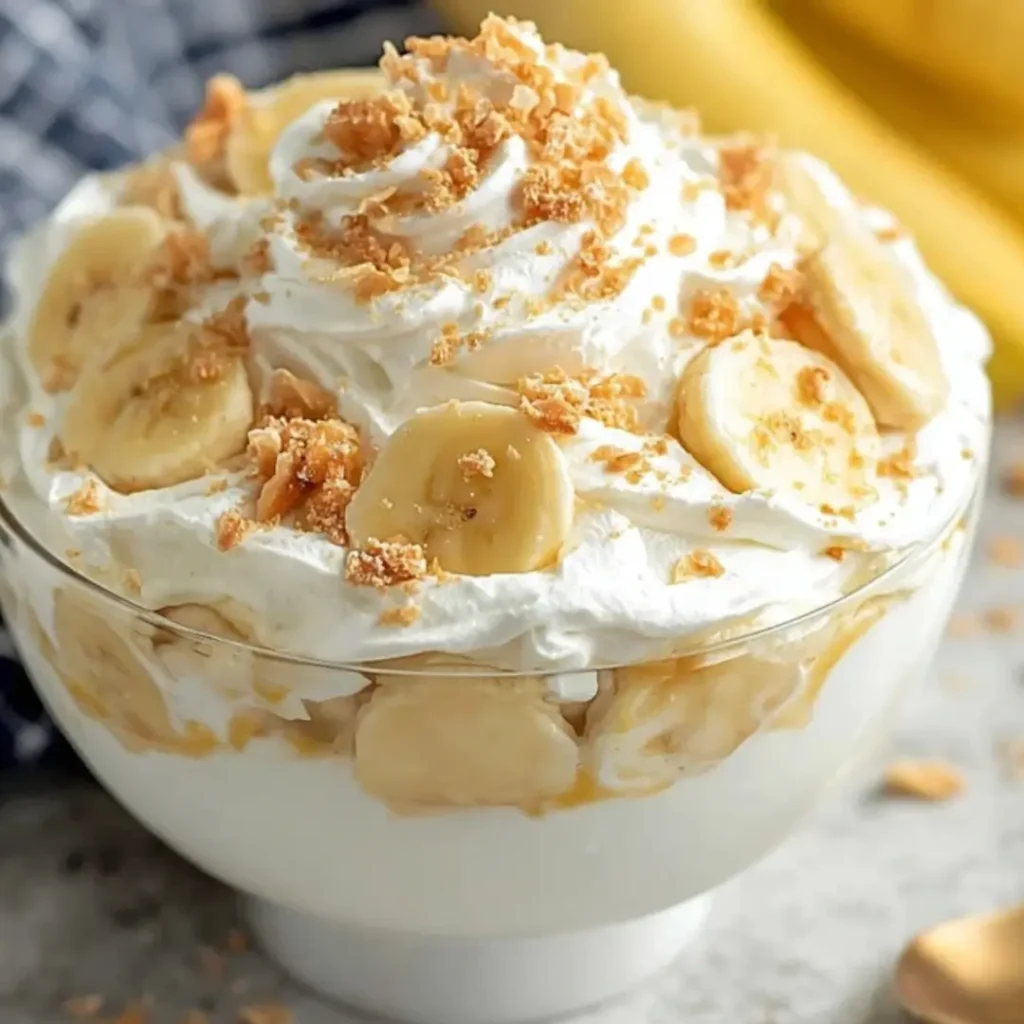 Close-up shot of Easy Banana Pudding Fluff layered in a clear glass bowl, topped with whipped cream, fresh banana slices, and crushed vanilla wafer cookies.