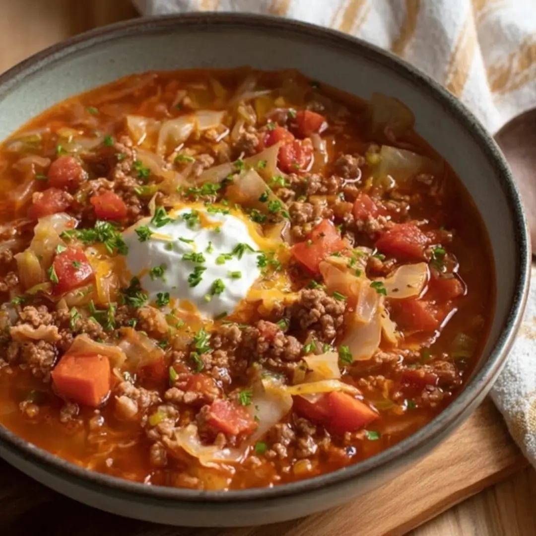 A close-up shot of a bowl of Easy Cabbage Roll Soup topped with a dollop of sour cream or Greek yogurt and a sprinkle of chopped fresh parsley or chives.