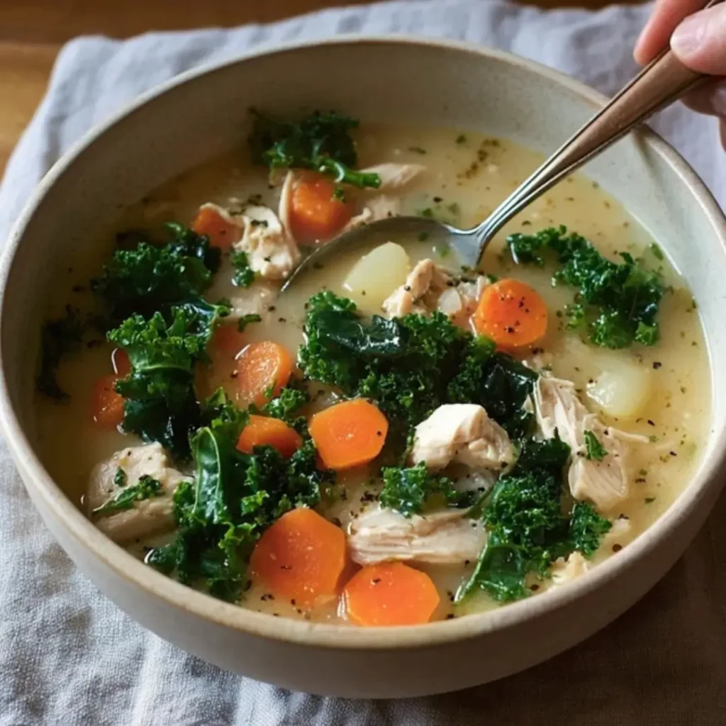 A warm, close-up shot of a bowl of creamy Chicken Kale Soup with chunky carrots, shredded chicken, and bright green kale leaves. A hand is holding a spoon dipping into the broth.