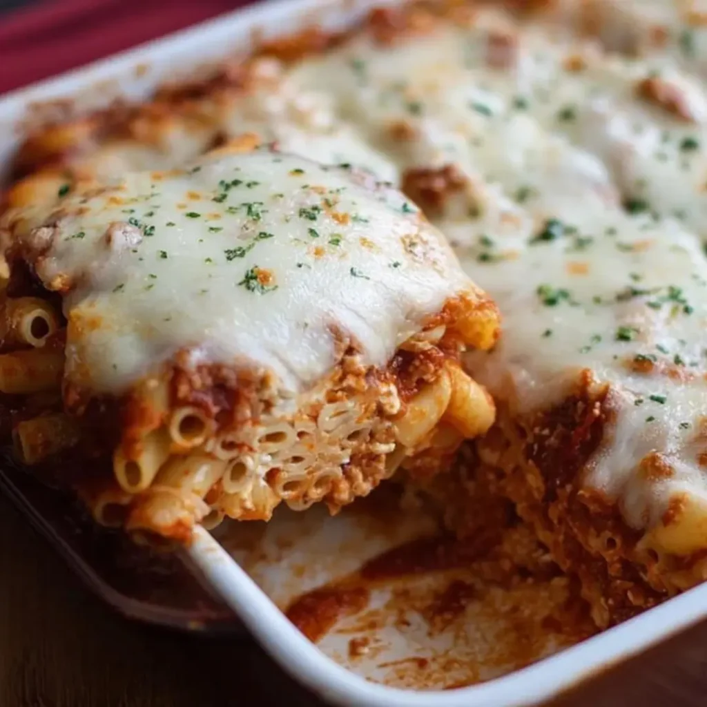 A close-up, appetizing shot of a scoop of baked pasta casserole with marinara sauce, ground meat (or chicken), and a thick layer of melted, bubbly mozzarella cheese on top, garnished with parsley.