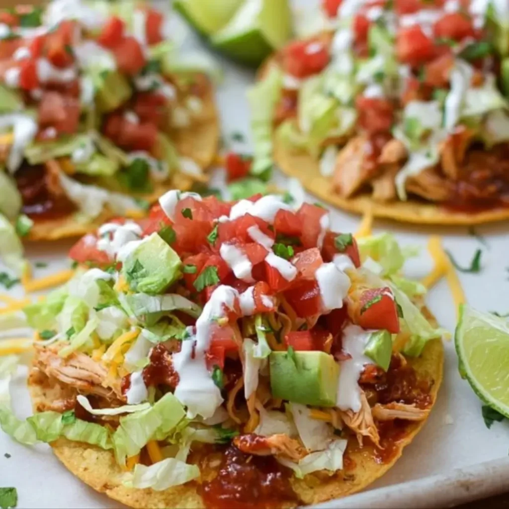 Easy Chicken Tostadas piled high with seasoned chicken, shredded lettuce, diced tomatoes, avocado, cheese, and a drizzle of crema/sour cream, served with lime wedges.
