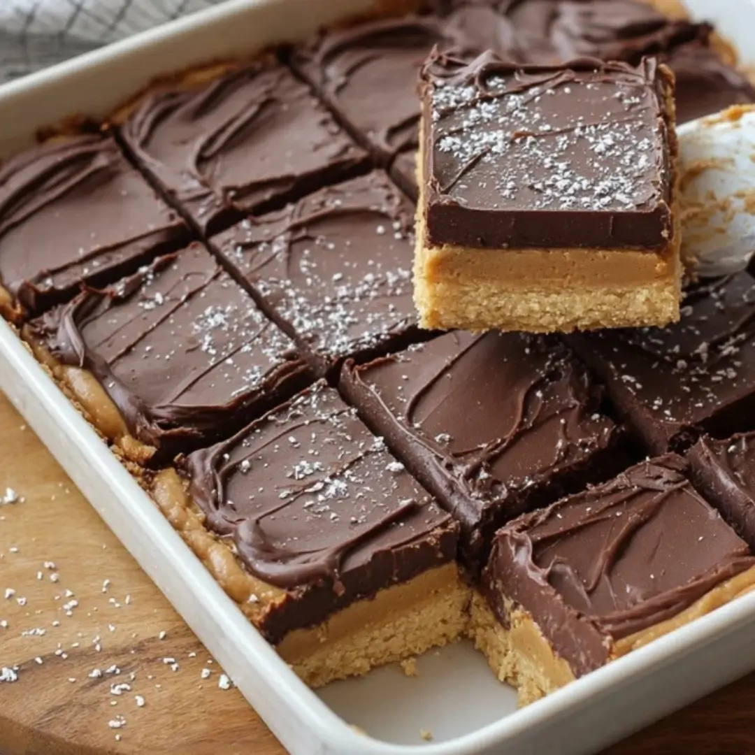 Close-up of square, three-layered no-bake chocolate peanut butter bars in a white pan, with one bar lifted to show the graham cracker crust, peanut butter filling, and smooth chocolate top.