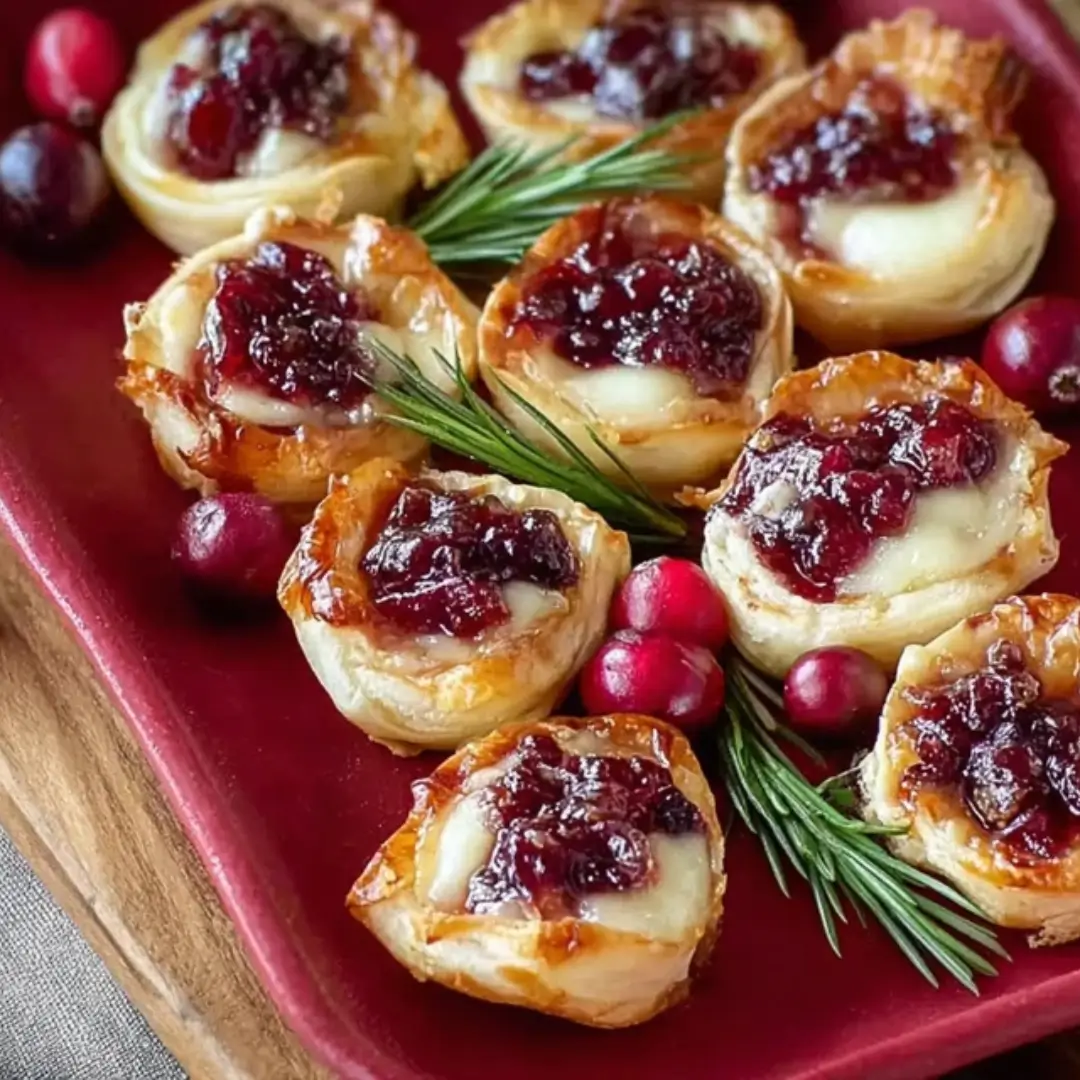 A close-up of golden puff pastry brie bites topped with vibrant red cranberry sauce and fresh rosemary sprigs on a red serving platter.