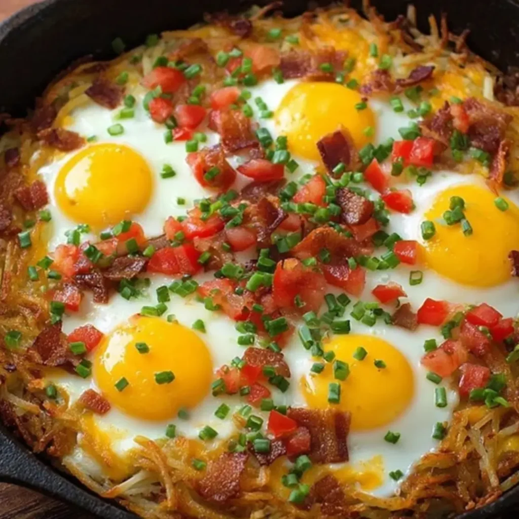 Close-up of a breakfast skillet featuring crispy, golden-brown shredded hash browns topped with five sunny-side-up eggs, melted cheddar cheese, crumbled bacon pieces, diced tomatoes, and freshly chopped green chives.