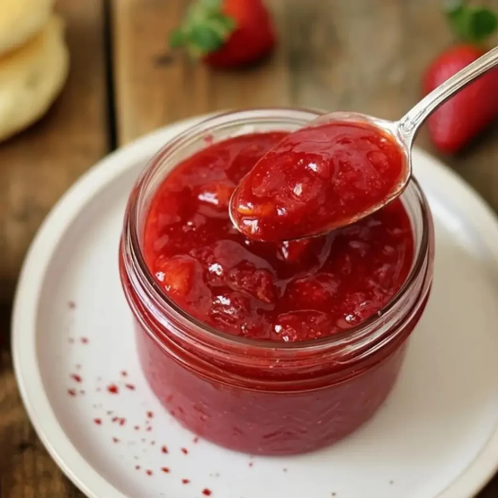 A spoon lifting a scoop of thick, glossy, homemade strawberry sauce out of a small glass jar, set on a white plate with biscuits and fresh strawberries blurred in the background.