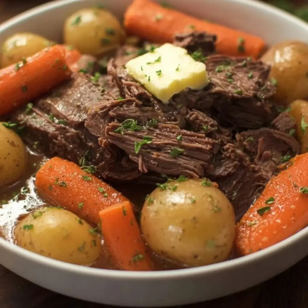 Fork-tender Instant Pot Pot Roast served in a white bowl with baby potatoes, chunky carrots, savory gravy, and topped with a pat of butter and fresh parsley.
