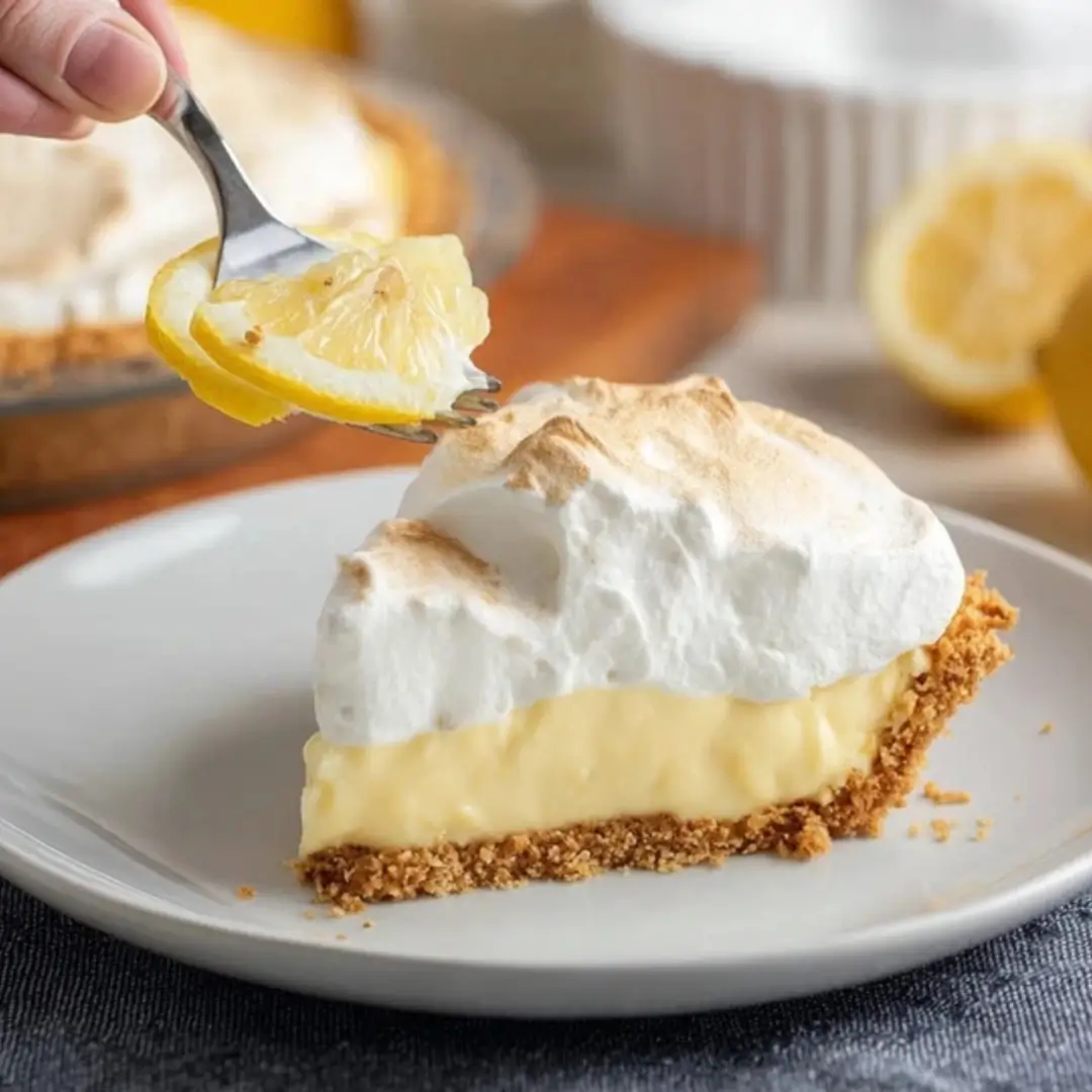 A thick slice of Easy No-Bake Lemon Icebox Pie on a white plate, featuring a golden graham cracker crust, a creamy yellow lemon filling, and a tall swirl of fluffy white meringue or whipped cream topping. A fork holds a small wedge of lemon and meringue above the slice.