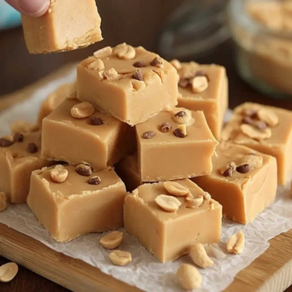 A close-up stack of cubed, light brown peanut butter fudge on a wooden board. The fudge is topped with crushed peanuts and mini chocolate chips. A hand is picking up one piece.
