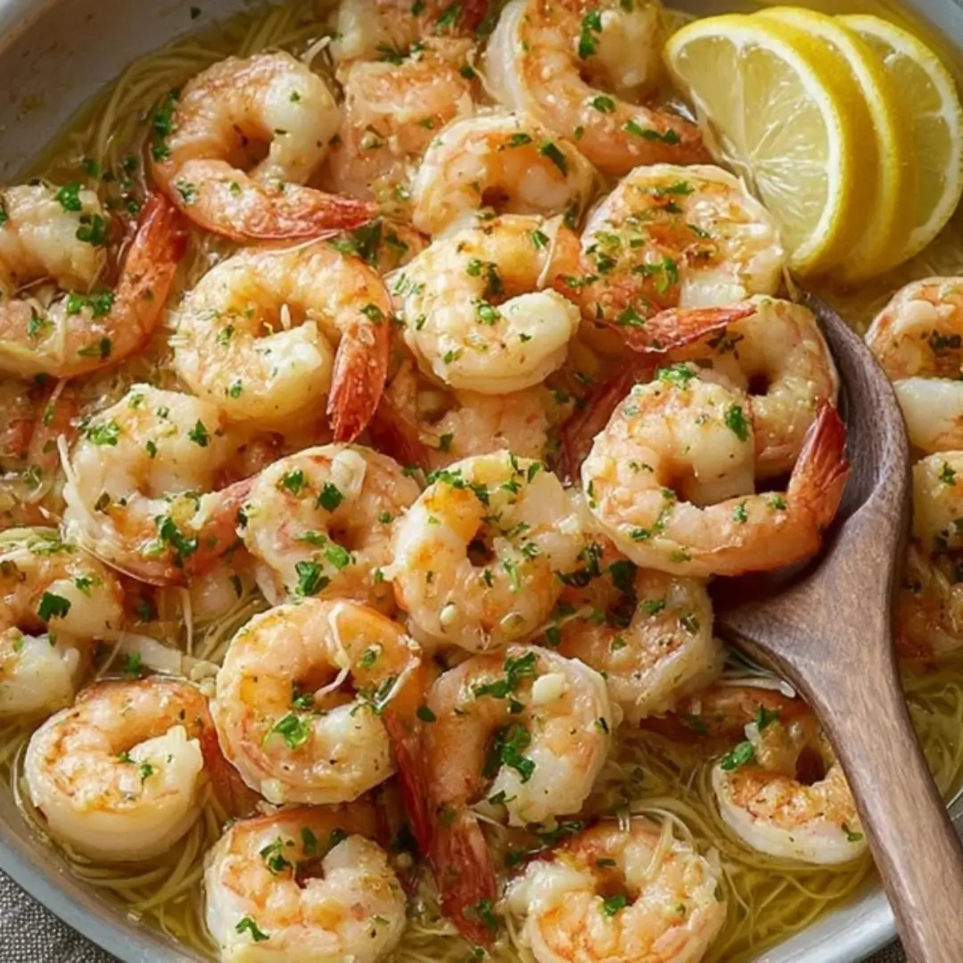 Close-up of glossy, golden-pink Shrimp Scampi tossed in a buttery lemon-garlic sauce and served over thin pasta, garnished with fresh parsley and lemon slices.