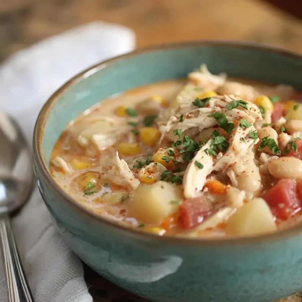 A close-up of a creamy chicken stew with shredded chicken, white beans, corn, diced potatoes, and carrots, garnished with fresh parsley in a blue-green bowl.