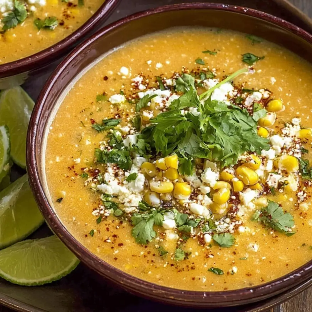 Close-up shot of two bowls of creamy, yellow Esquites Soup topped with fresh cilantro, crumbled white queso fresco, whole corn kernels, and a sprinkle of chili powder.