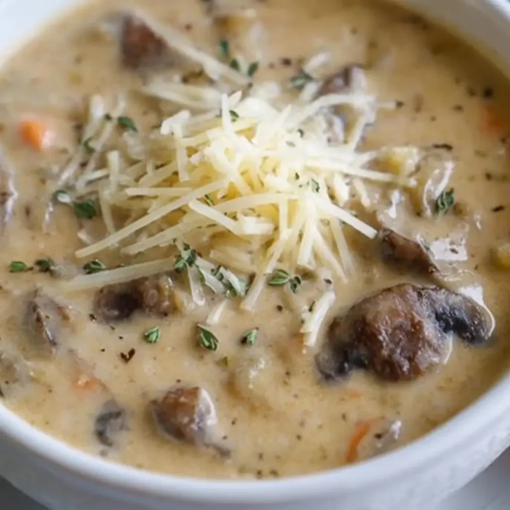 Close-up of a bowl of Extra Creamy Mushroom Soup topped with shredded Parmesan cheese and fresh thyme sprigs.