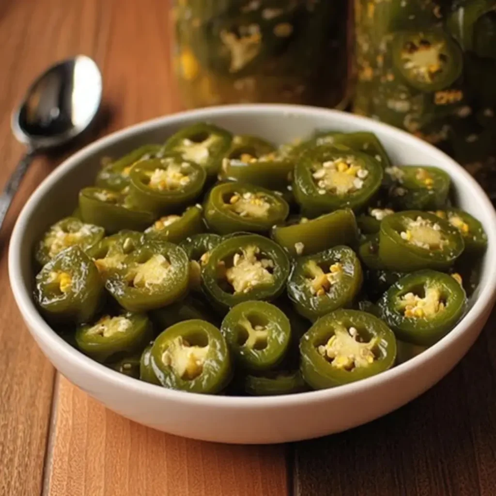 Close-up of sliced, bright green fermented jalapeños with seeds, served in a small white bowl on a rustic wooden surface, with a spoon and jar visible in the background.