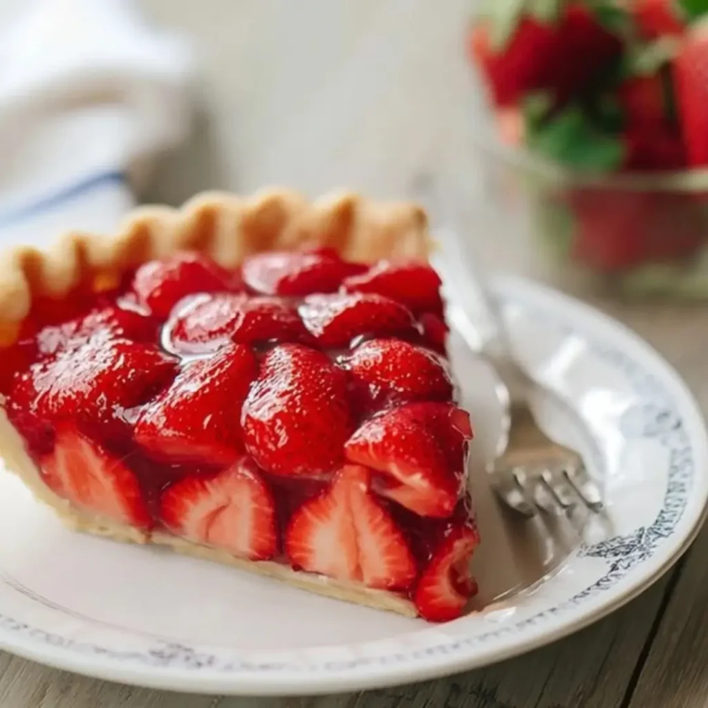 Close-up slice of Fresh Strawberry Pie with a glossy, red glaze and whole strawberry halves, resting on a white plate with a fork.