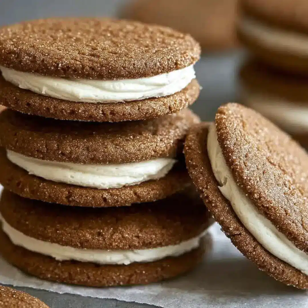 A stack of three Ginger Sandwich Cookies with a dark, crackled, sugar-coated exterior and a thick layer of creamy white filling sandwiched between them. A fourth cookie rests against the stack.