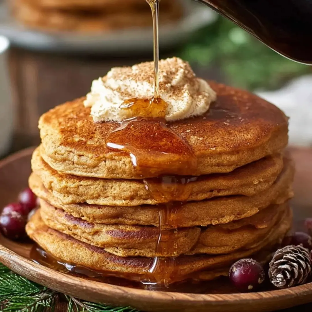A tall stack of fluffy gingerbread pancakes on a wooden plate, topped with whipped cream and dusted with cinnamon, with maple syrup being poured over the top.