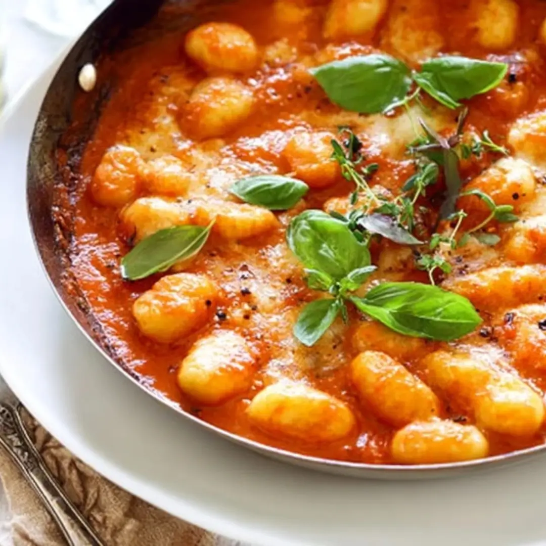 Close-up of pillowy potato gnocchi tossed in a bright red pomodoro sauce, topped with melted cheese, black pepper, and fresh basil leaves in a metal skillet.