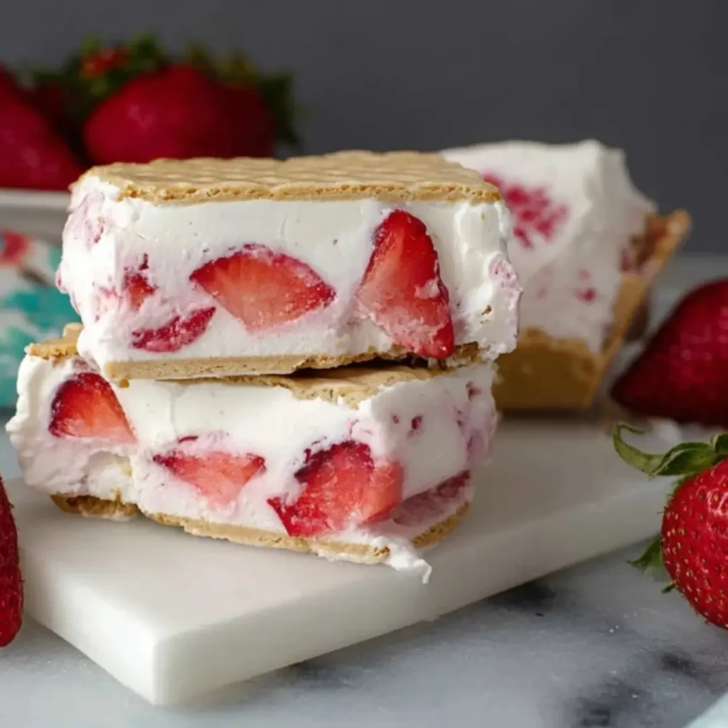Stacked Greek yogurt strawberry cheesecake ice cream sandwiches on a white marble board, featuring thick creamy filling studded with large slices of fresh red strawberries between two waffle or wafer cookies.