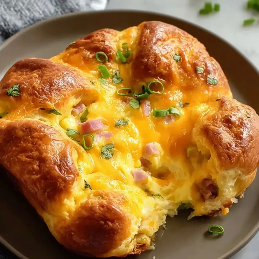 Golden-brown Turkey Ham and Cheese Crescent Roll Breakfast Bake garnished with fresh green onions on a dark plate.