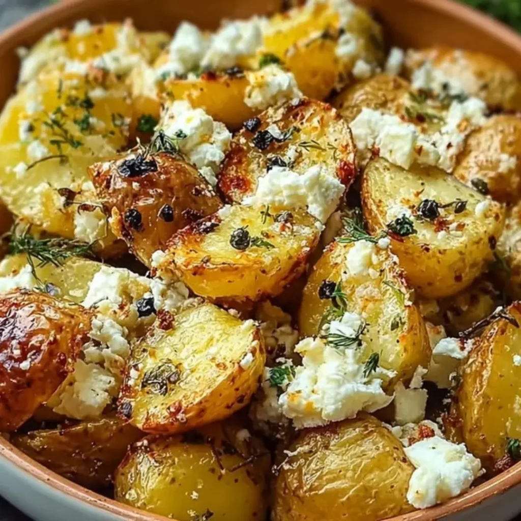 Close-up shot of crispy, golden-brown roasted potato wedges topped generously with crumbled white feta cheese, fresh green parsley, and herbs in a rustic brown bowl.