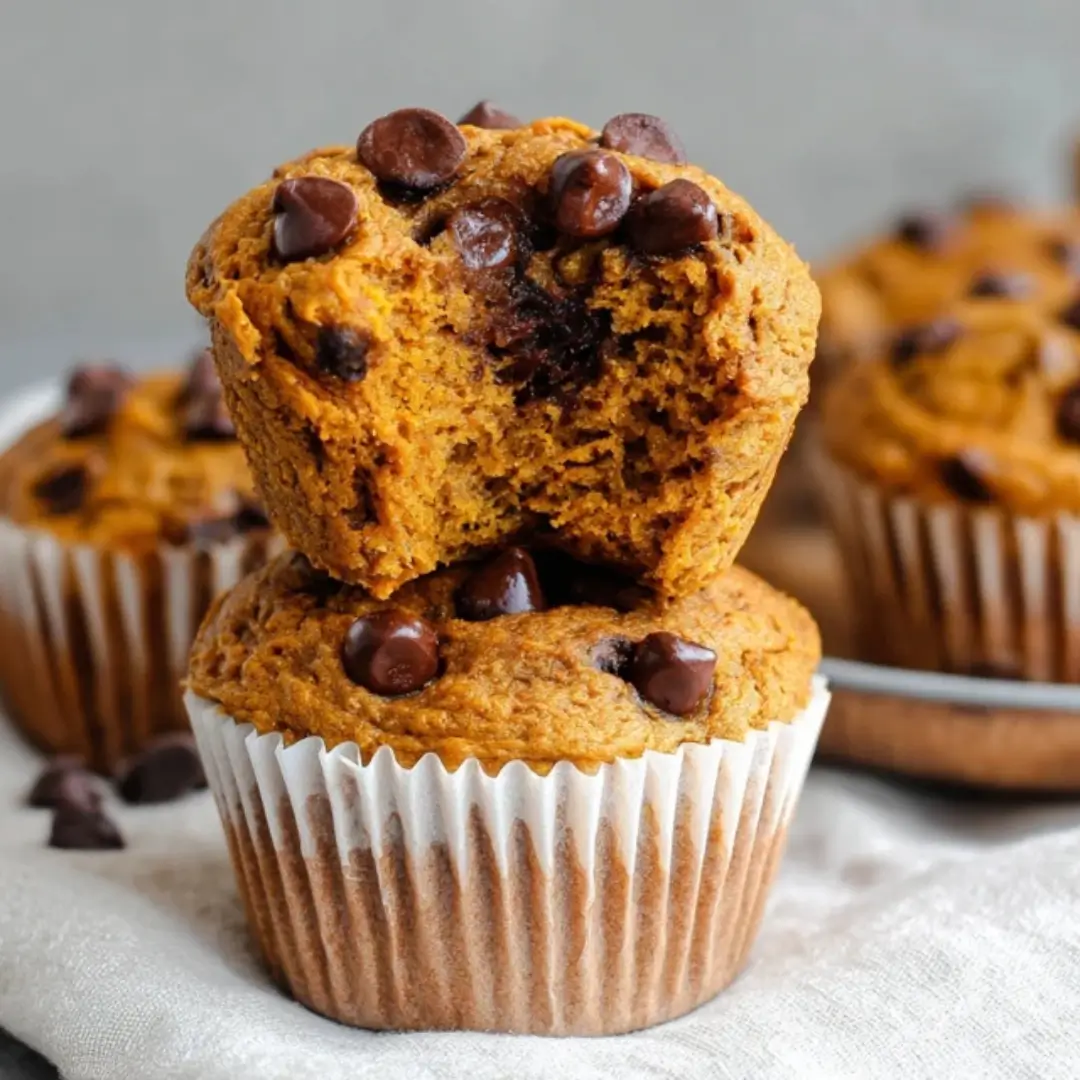 Two warm, stacked healthy pumpkin banana chocolate chip muffins showing a bite taken out of the top one, revealing the moist interior and melted dark chocolate chips.